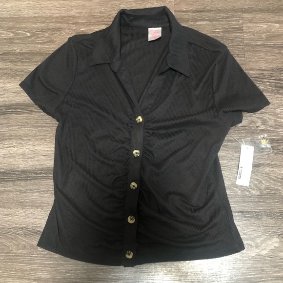 No Boundaries Black Ribbed Button-Front Collared Top - Size L (11-13) - NWT - Picture 1 of 4